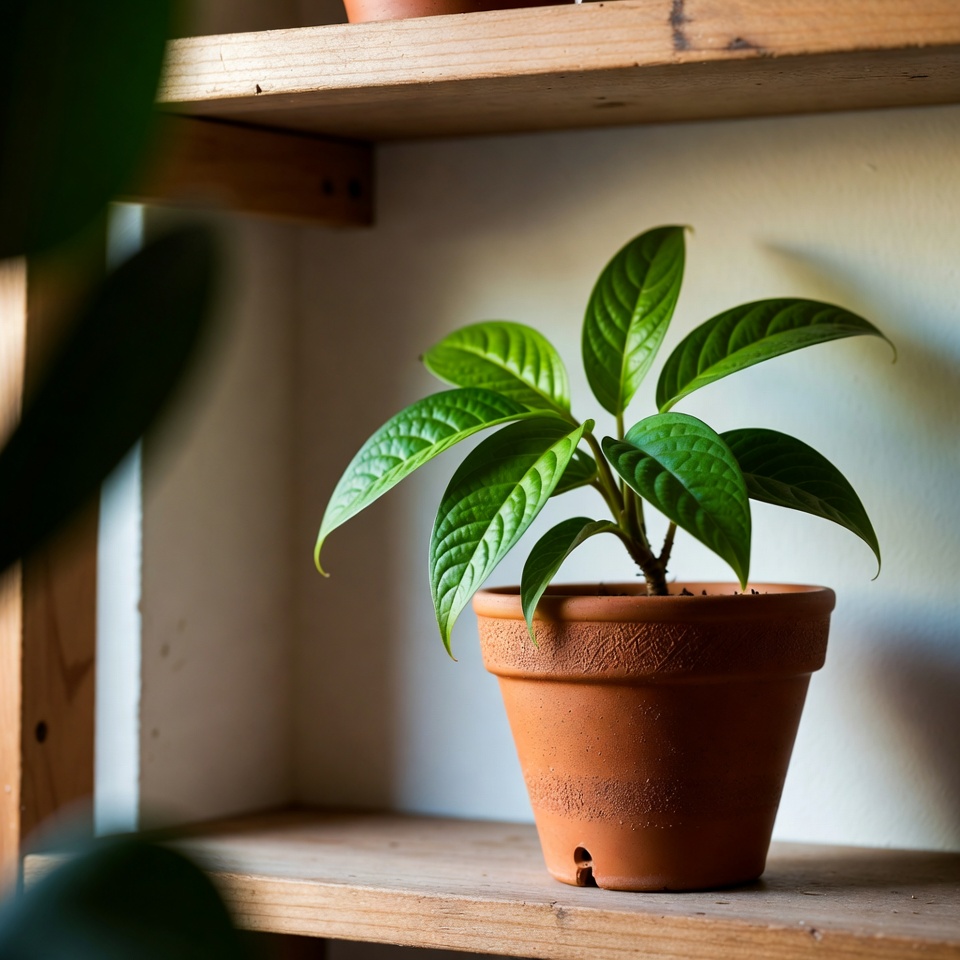 Desk with notebook, phone, and a small indoor plant beside a window