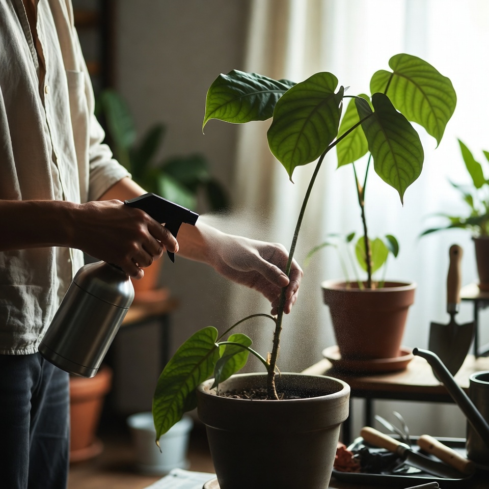 Calm workspace corner with a tall plant beside a chair