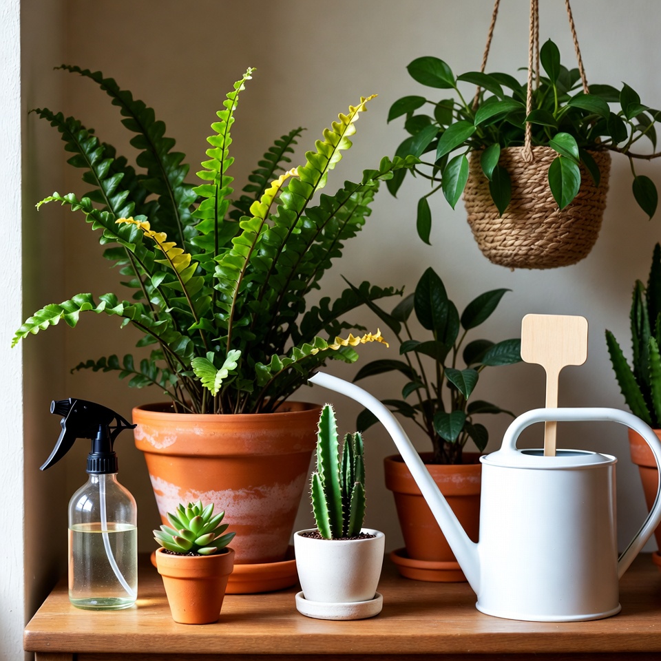 Desk with a laptop, notebook, and two small indoor plants