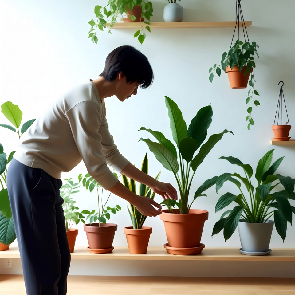 Wooden shelf with trailing plant and a stack of books
