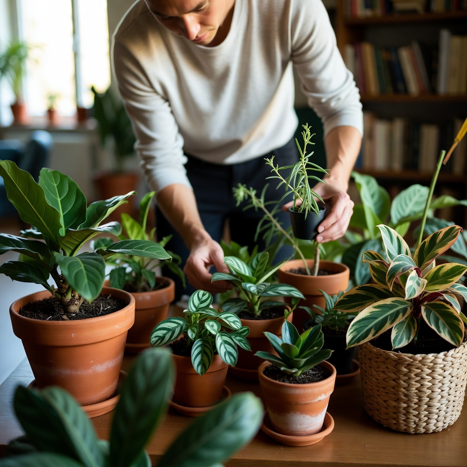Founder tending to indoor plants near a New York apartment window